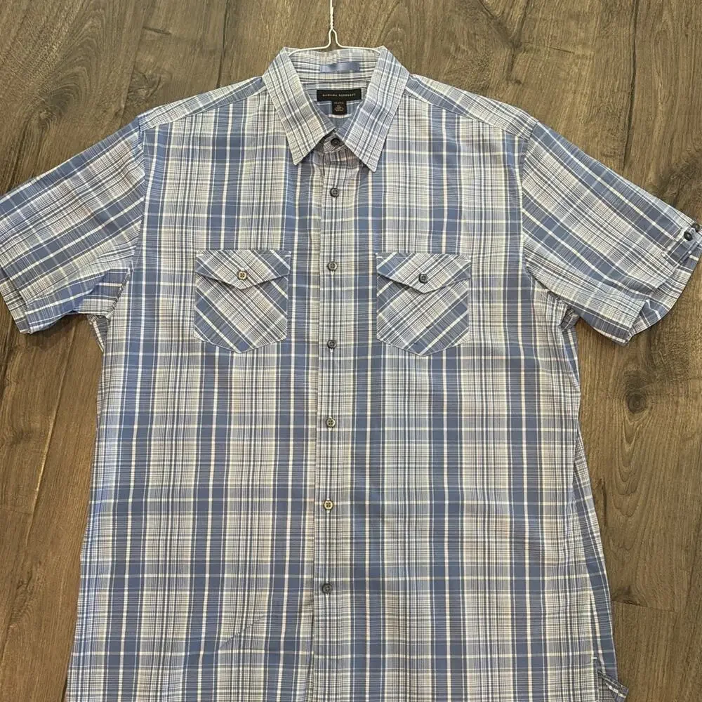 Banana Republic Men's XL Shirt Blue Plaid Button Down Short Sleeve 17-17.5